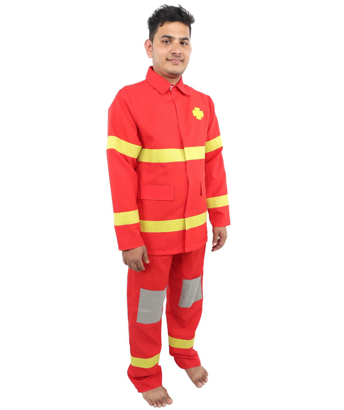 HPO Men’s Fire Rescue Style Red Costume | Halloween Emergency Theme Jacket and Trousers Set | Outfit Use for Parties & Events