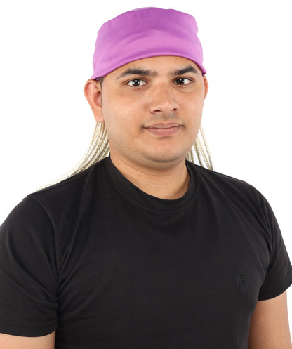 Men’s Movie Character Inspired Black Braided Wig with Purple Head Wrap Hat | Flame-retardant Synthetic Fiber | Ideal Hairpiece for Cosplay & Halloween