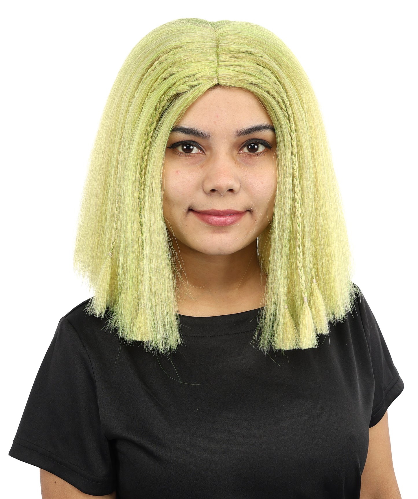 HPO Celebrity-Style 11 Inch Green Rooted Blonde Front Braided Straight Wig | Shoulder-Length Fun, Bold, and Stylish Hairpiece  | Ideal for Halloween, Cosplay, and Themed Parties