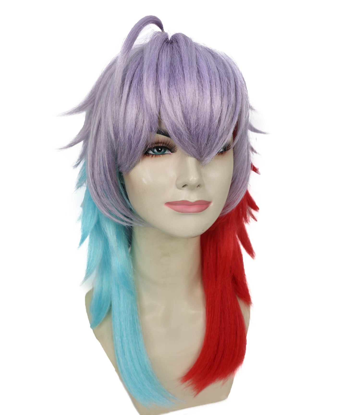 HPO Adult Women’s Anime-Inspired Gradient Cosplay Wig | Two-Tone Red & Blue Ombre Tips with Layered Silver Base | Ideal for Halloween and Cosplay
