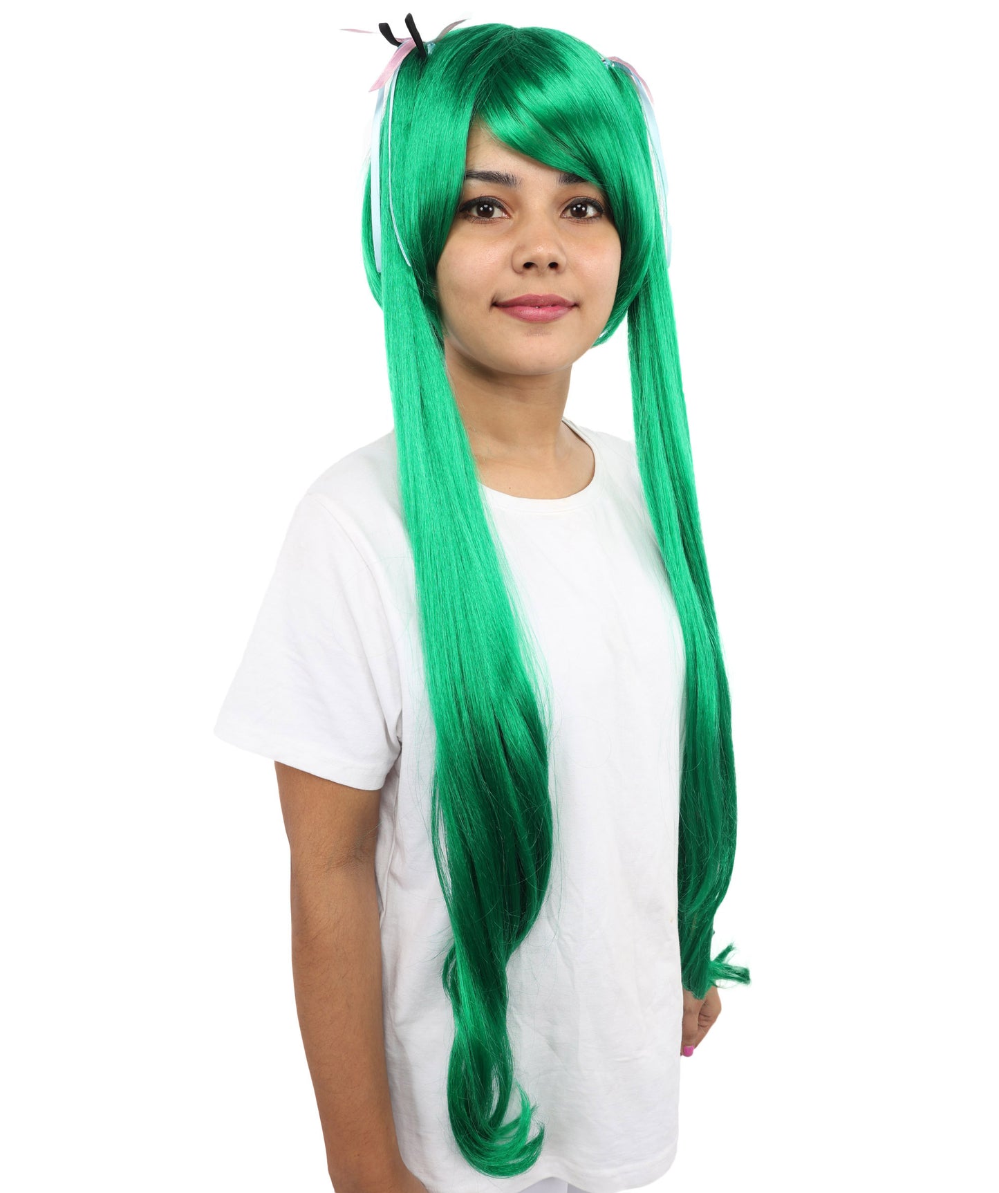 HPO Adult Women's Anime Wig with Long Ponytails | Vibrant Teal Synthetic Cosplay Hairpiece | Adjustable Breathable Cap for Halloween, Parties & Stage