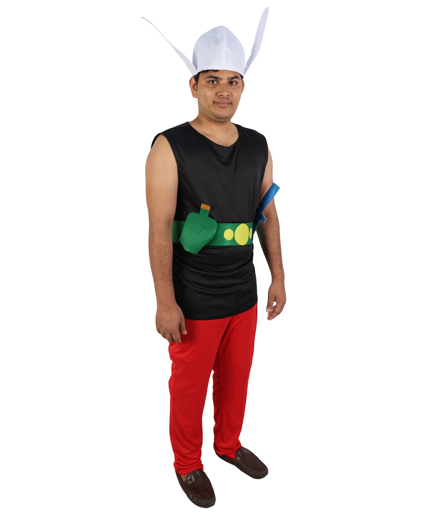 HPO Men's Gaulish Warrior Multicolor Costume | Sleeveless Black Vest Top Bright Red Trousers Winged Helmet Novelty | Halloween Cosplay Theater Drag Performance Costume Events