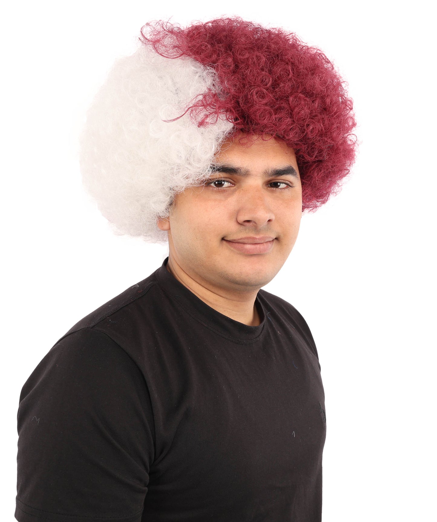 HPO Unisex Qatar Flag-Inspired Curly Maroon & White Sport Clown Wig – Voluminous Curl with Standard Cap | National Colors for Sports, Festivals & Cosplay