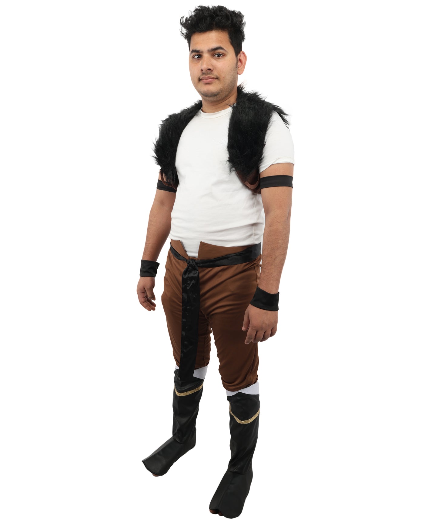 HPO Men's Anime Beast Fighter Suit | Brown and black fur ronior jersey construction featuring a curi, dress, belt, and leg socks | Ideal for party, Halloween, cosplay, theater, drag, performance, costume events