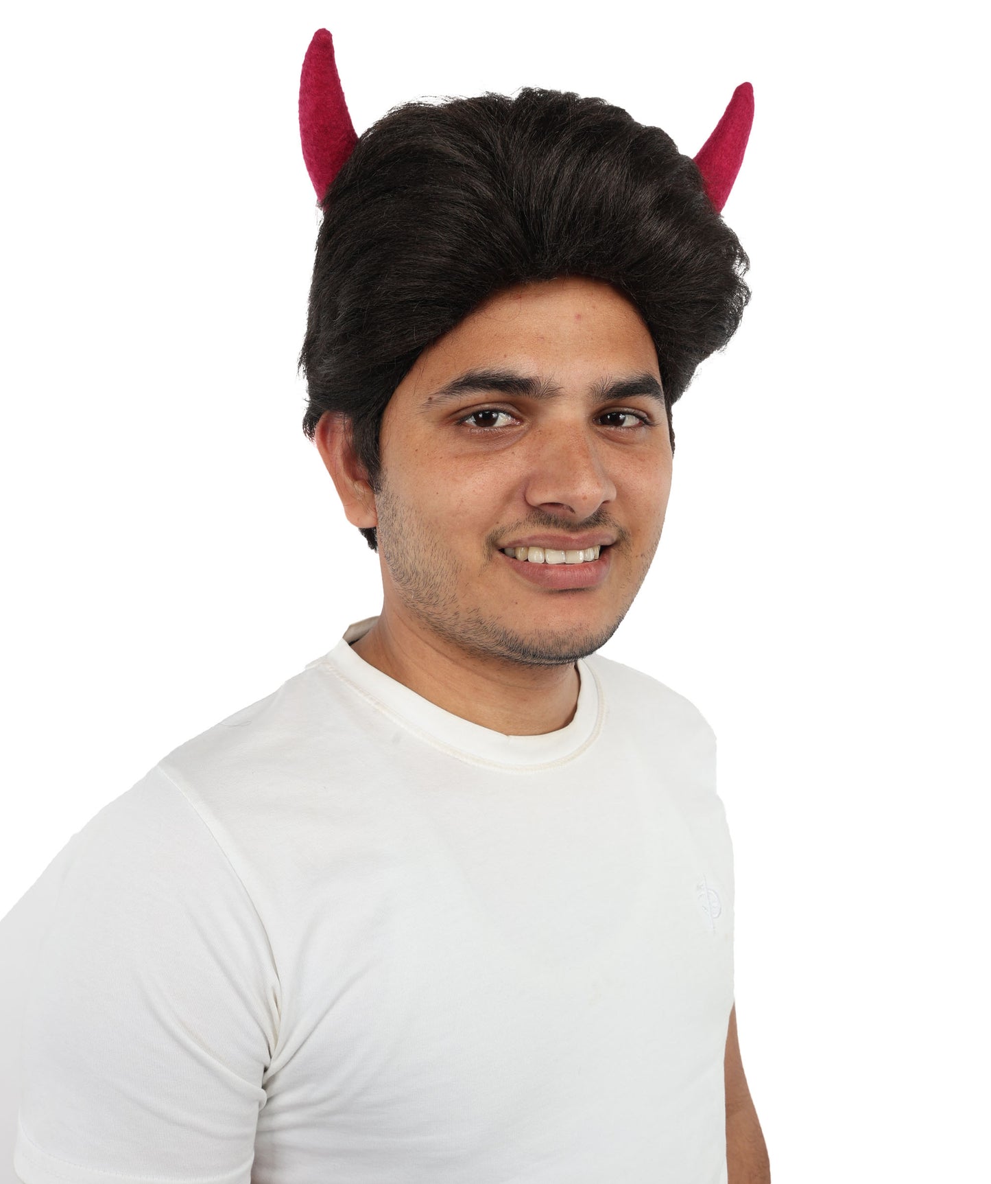 HPO Adult Men's Fantasy Demon Cosplay Wig with Horns | Spiky Dark Brown Synthetic Hairpiece | Adjustable Cap for Halloween, Parties, Stage & Roleplay