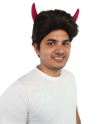 HPO Adult Men's Fantasy Demon Cosplay Wig with Horns | Spiky Dark Brown Synthetic Hairpiece | Adjustable Cap for Halloween, Parties, Stage & Roleplay