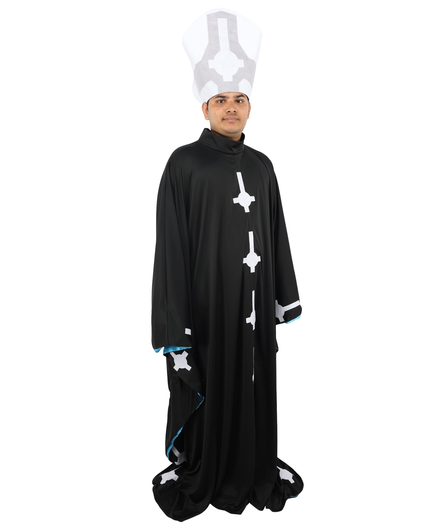 HPO Men's Satanic Pope Costume | Ghostly Grim Clergy Black Robe Teal Satin Lining Inverted Cross Mitre Hat | Halloween Dark Metal Rock Cosplay Stage Performance Wardrobe Piece
