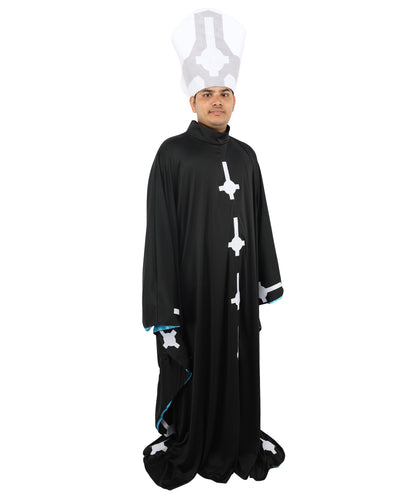 HPO Men's Satanic Pope Costume | Ghostly Grim Clergy Black Robe Teal Satin Lining Inverted Cross Mitre Hat | Halloween Dark Metal Rock Cosplay Stage Performance Wardrobe Piece