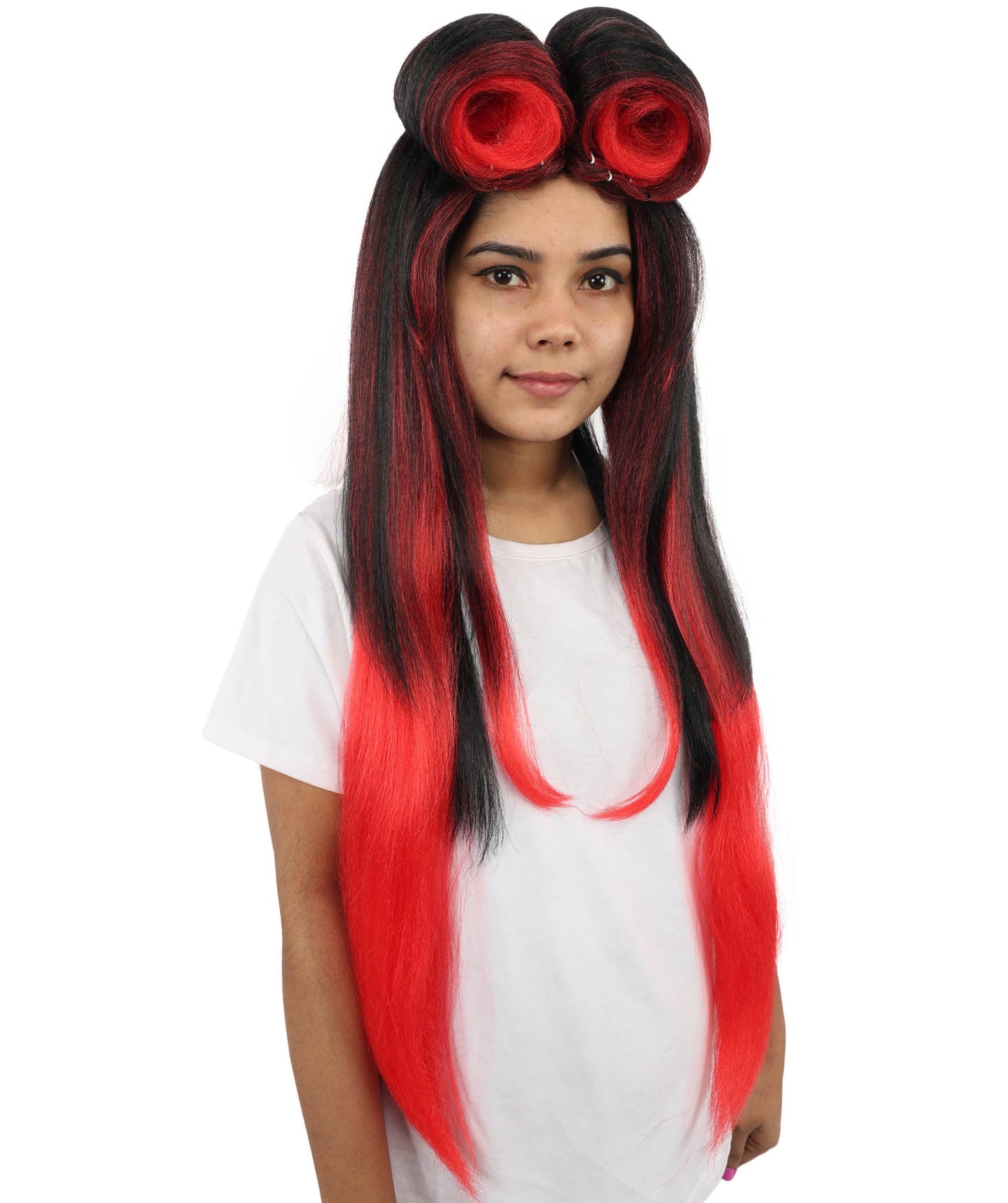 Women’s Straight Black Red Roller-Top Retro Wig | 60s Style Center Part Long Hair | Bold Fancy Dress Party Wig for Fashion, Halloween and Cosplay