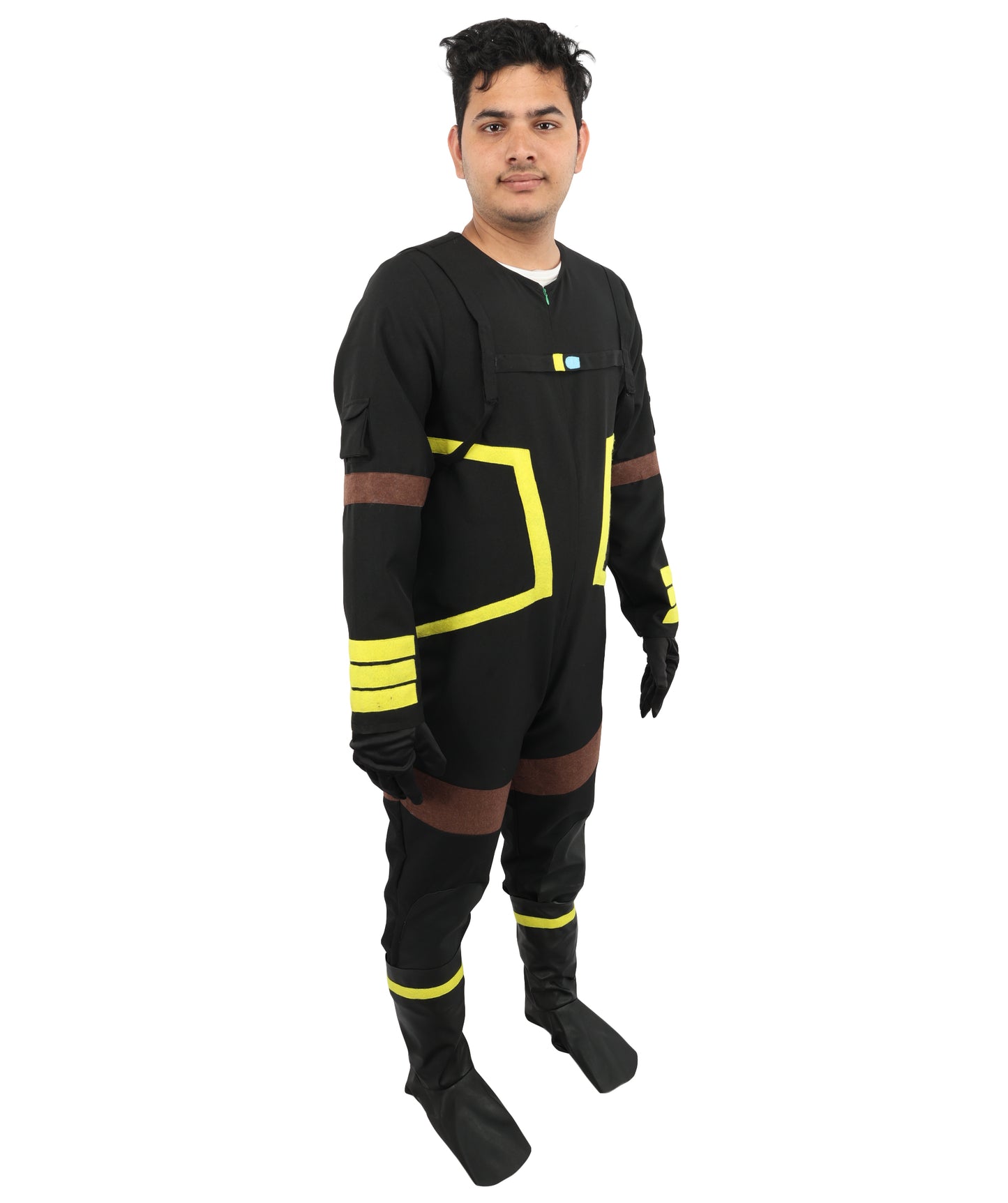 HPO Men's Deep Space Explorer Black Jumpsuit | Reflective PVC and Jersey Construction with Matching Hand Gloves and Leg Socks | Ideal for Cosplay, Halloween, Drag, and Galactic Theater Performances