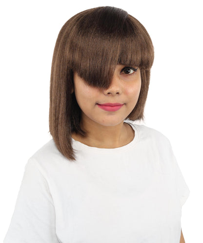 HPO Adult Women's Asymmetrical Bangs Bob Wig | Multiple Color Options | Create of synthetic fiber, sleek straight volume, breathable capless base | Party, Halloween, theater, drag, performance, costume events