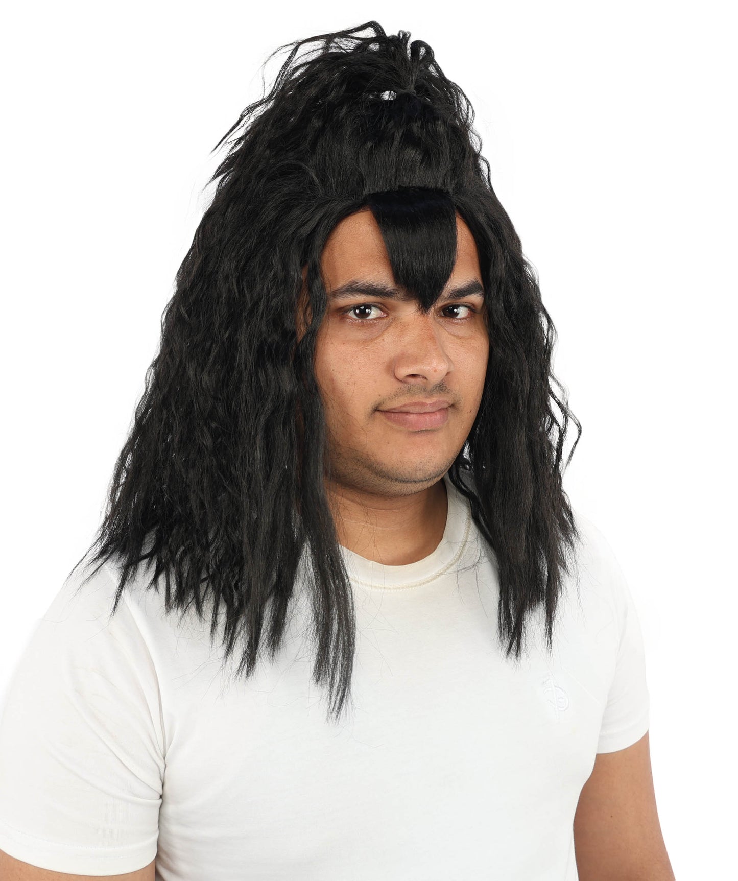 HPO Men's Heavy Metal Rockstar Black Wig | Dark wavy synthetic fibers with massive crimped volume and capless construction | Essential for theater performance drag Halloween costume events and party