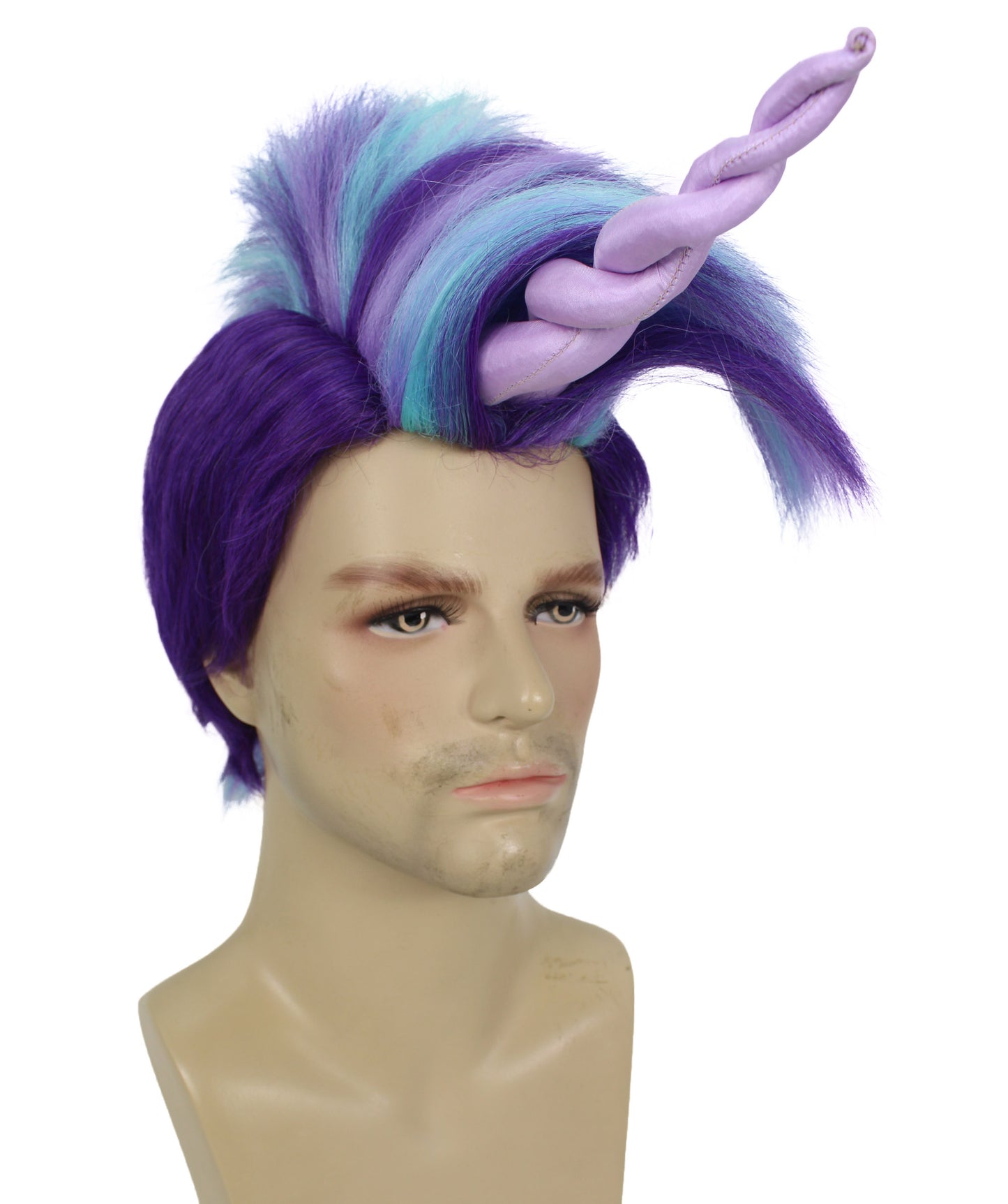 HPO Men's Fairytale Purple & Blue Spiky Wig with Horn I Unicorn Halloween Wig I Flame-retardant Synthetic Fiber