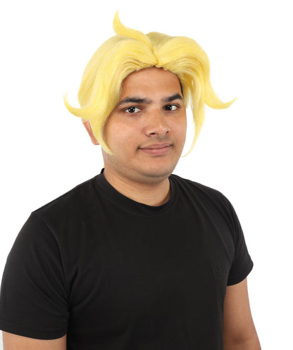 Men's Golden Blonde Curtain Bang Wig | Shoulder Length Wavy Surfer Style, Heat Resistant Synthetic Fiber & Breathable Net | Halloween, Funny Roleplay, Theater, 90s Party & Costume Events