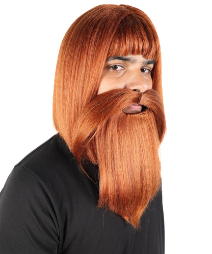 HPO Men's Viking-Inspired Wig, Beard & Mustache Set | Dark Auburn Synthetic Hairpiece with Matching Mustache & Beard | Adjustable Fit for Cosplay, Stage & Parties