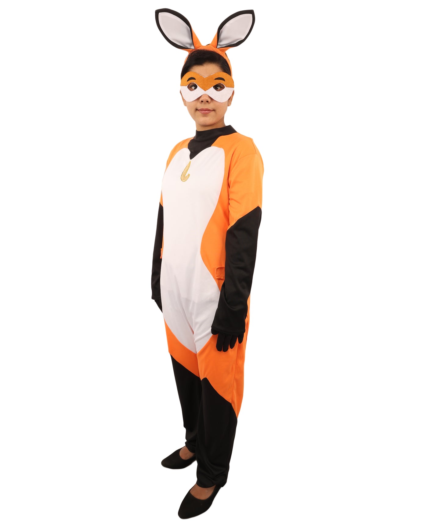 HPO Women's Clever Fox Heroine Costume | Orange White and Black Synthetic Febric Bodysuit with Attached Tail and Mask | Idal for Halloween, Cosplay, Drag, and Themed Events