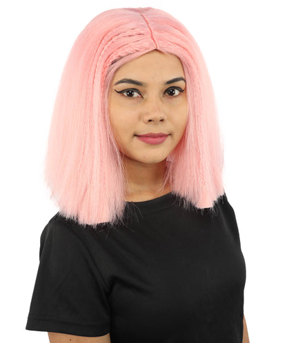 HPO Celebrity-Style 11 Inch Green Rooted Blonde Front Braided Straight Wig | Shoulder-Length Fun, Bold, and Stylish Hairpiece  | Ideal for Halloween, Cosplay, and Themed Parties