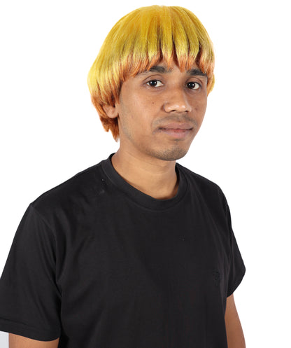 HPO Adult Men's Anime-Inspired Light Golden Yellow Blonde Highlight Spiky Cosplay Men Wig | Short Layered Hair Wig with Lightning Style for Halloween and Conventions
