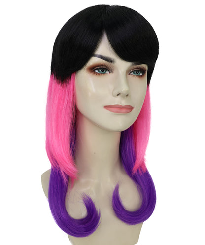 HPO Adult Unisex Tri Color Fruit Punch Wig | Vibrant Black Pink Violet Flame Mix | Synthetic Flame-Retardant Hair | Capless Cap | Halloween Festival Wig