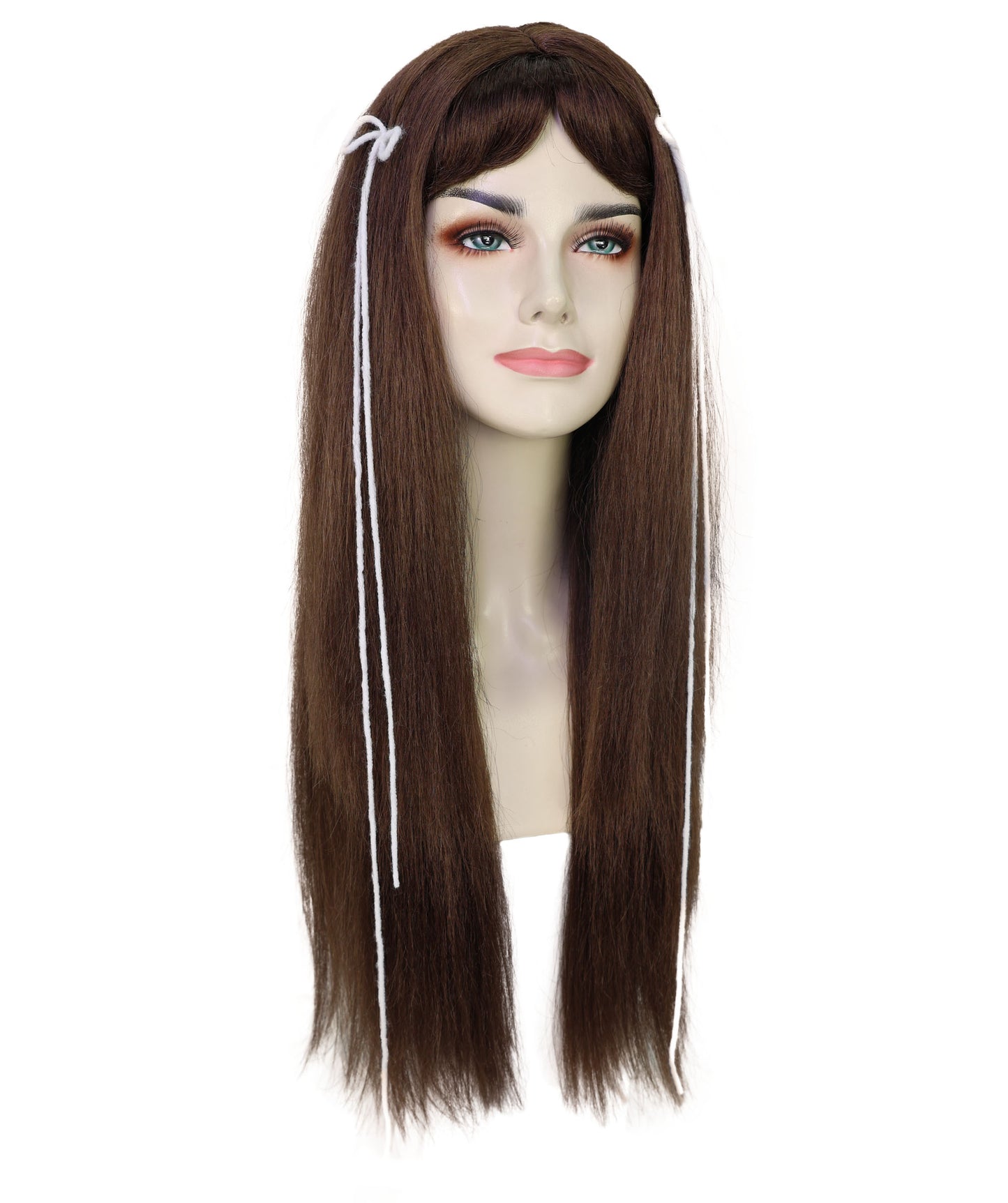 HPO Adult Women’s Elegant Long Brown Wig with Highlights and Curtain Bangs | Natural Straight Style | Ideal for Halloween | Breathable Capless Cap