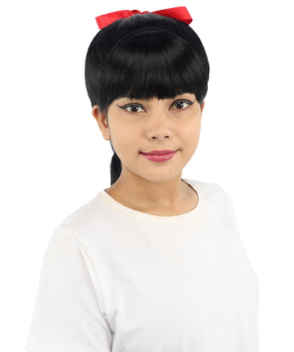 HPO Women's Spiral Ponytail Wig | Multicolor Options | High Updo with Red Ribbon Bow & Bangs, Heat Friendly Synthetic Fiber & Breathable Cap | Halloween, Christmas Event, Themed Party, Theater & Roleplay