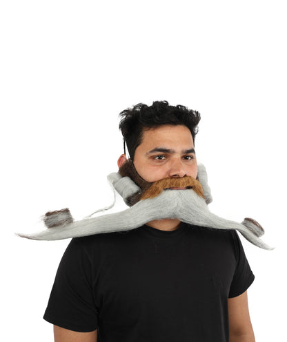 HPO Men's Classic Grey Handlebar Beard & Moustache with Long Curled Ends | Lightweight Fake Facial Hair | Synthetic Fiber Costume Facial Hair