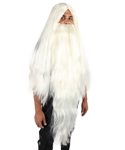 Men’s Fantasy Saga Wizard White Wig with Beard and Mustache Set, Breathable Capless Cap, Flame-retardant Synthetic Fiber