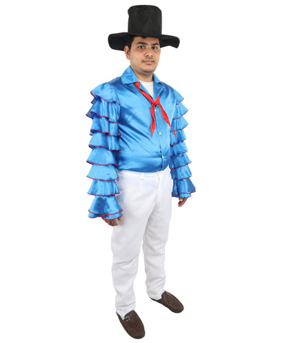 HPO Men's Rhythmic Multicolor Uniform Costume | Tiered Ruffle Satin Sleeves with Contrast Neck Tie and White Trousers | Ideal for Cosplay, Halloween, Drag, and Latin Dance Performance Events