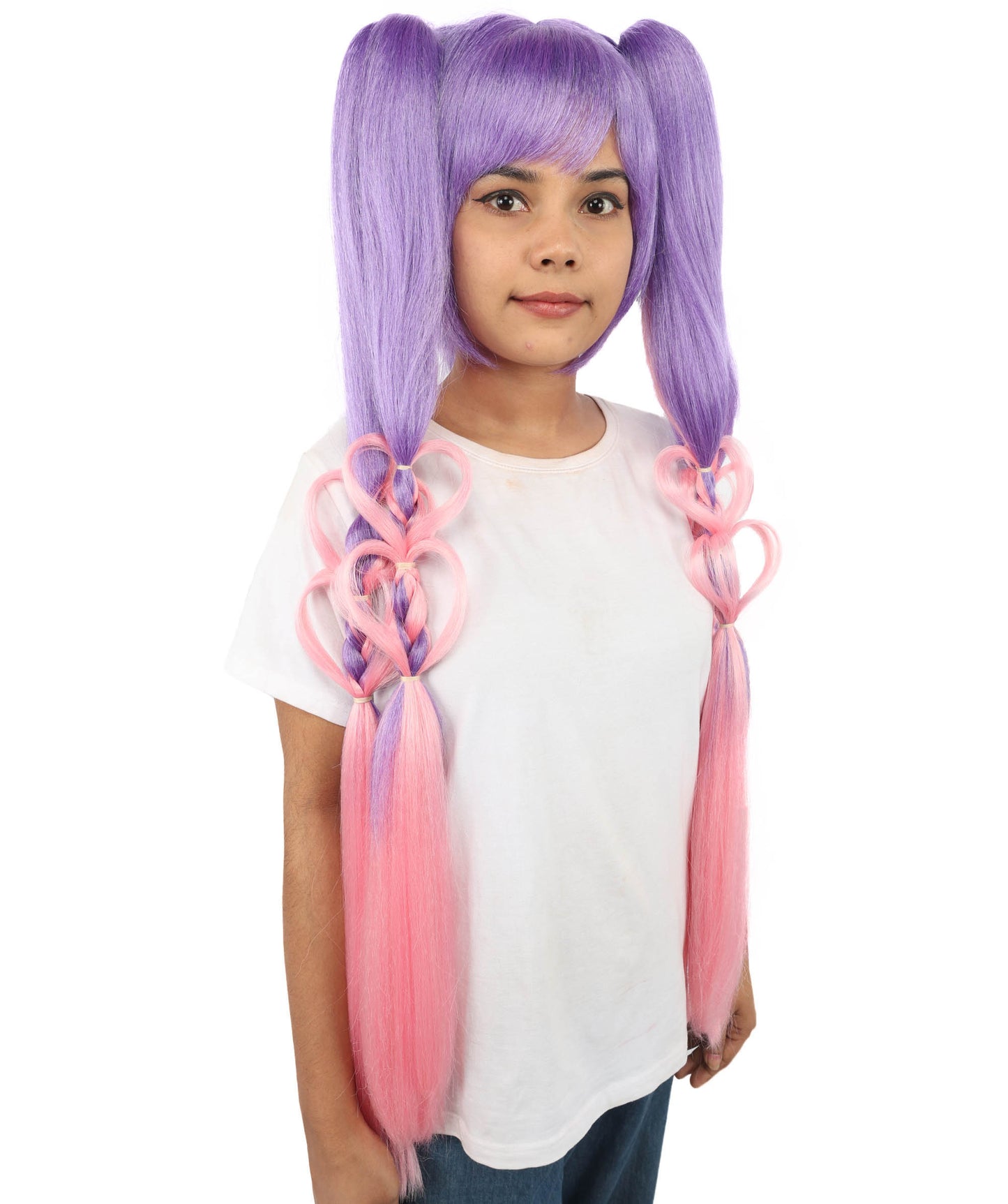 HPO Women's Heart Pigtail Character Wig | Dual-tone purple and pink, create of synthetic fiber, long structured pigtails with heart-shaped loops, breathable base | Party, Halloween, theater, drag, performance, costume events