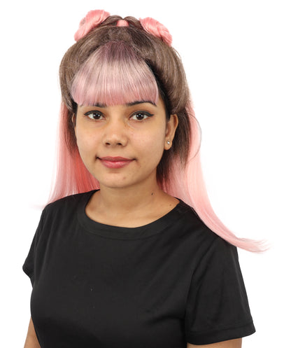 HPO Women's Brown & Pink Half Updo Bangs Wig | Create of synthetic fiber, blunt fringe with top bow, breathable base | Party, Halloween, theater, drag, performance, costume events