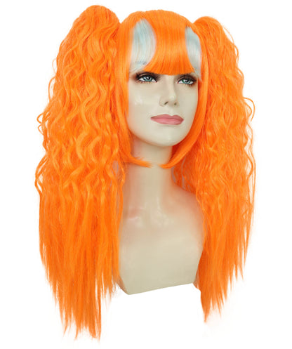 Women’s Vibrant Orange Long Wavy Twin Ponytail Wig  | Ideal for Halloween | Breathable Capless Cap