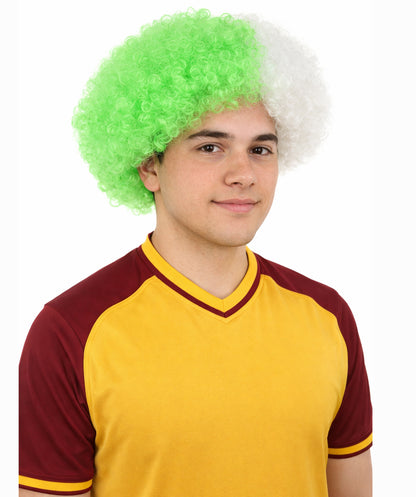 HPO Men's Two Tone Afro Wig | Bouncy Green and White Curls Flame-retardant Synthetic Fiber | Halloween Themed Party Circus Carnival Fan Accessory