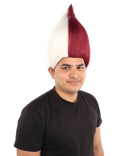 HPO Unisex Qatar Flag-Inspired Maroon & White Sport Troll Wig Troll Wig – Spiky Synthetic Hair with Capless Cap | Ideal for Sports, Cosplay, and National Events