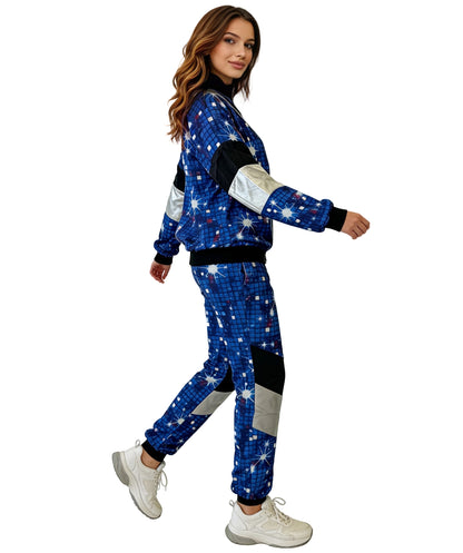HPO Women's Space Print Tracksuit | Multicolor soft uniform construction featuring a starry zip-up top and matching pants | Ideal for party, Halloween, cosplay, theater, drag, performance, costume events