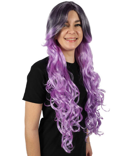 HPO Adult Women's Extra Long Curly Black & Purple Glamour Gothic Wig | Halloween and Cosplay Wig | Flame-retardant Synthetic Fiber |