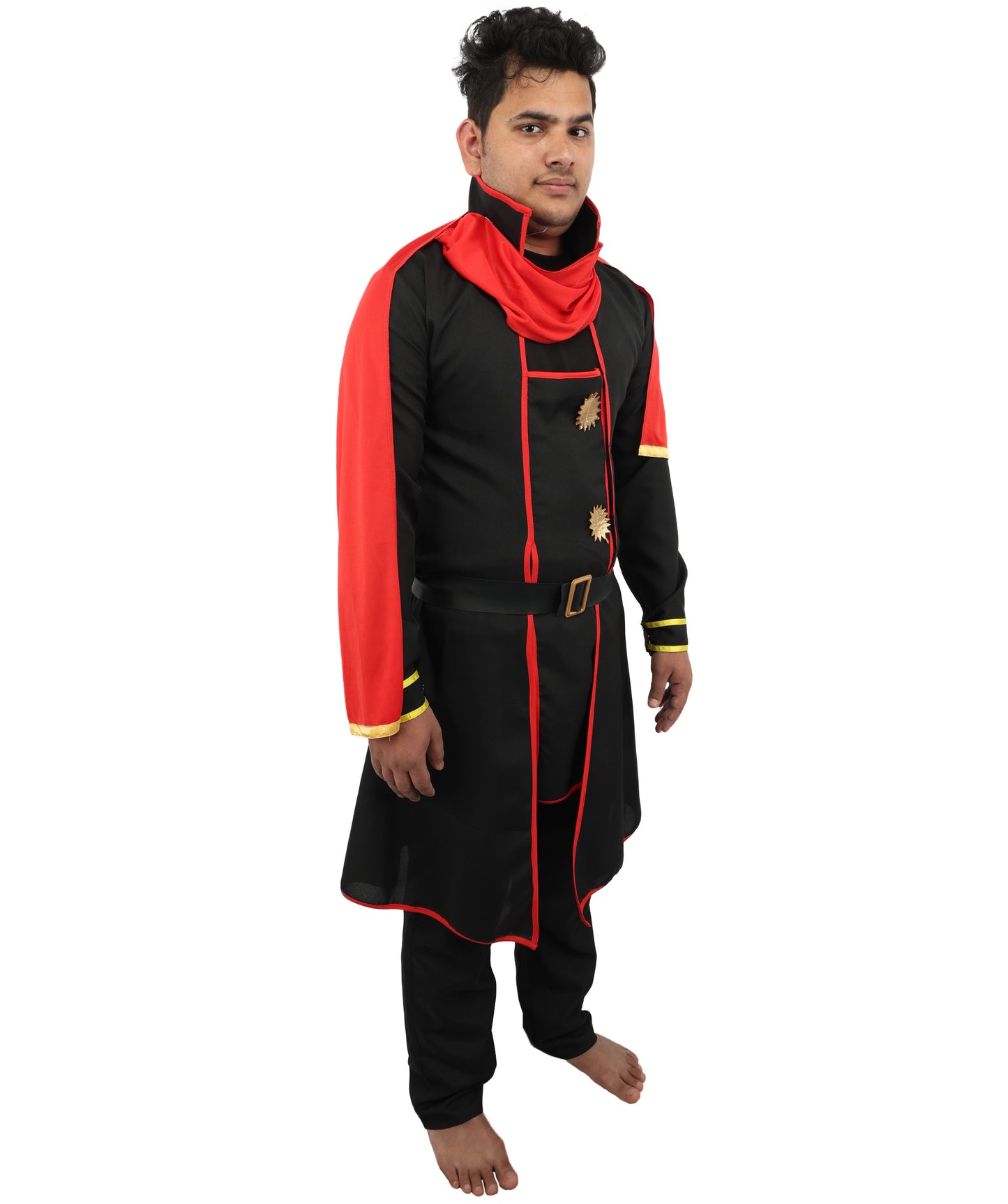 HPO Men's Anime Fantasy Adventurer Costume | Red & Black satin construction featuring a main dress, pant, and belt | Ideal for party, Halloween, cosplay, theater, drag, performance, costume events