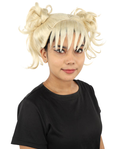 HPO Adult Women’s Messy Twin Bun Wig with Graphic Bangs | Multiple Color Options | Edgy Wig for Cosplay, Fashion Events, Halloween & Stage Wear | Adjustable Cap, Lightweight Synthetic Fiber