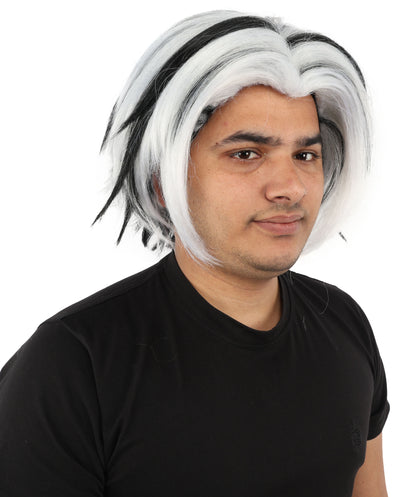 HPO Men's Two Tone Black & White Layered Anime Hair | Frosted Tips Messy Style, Natural Matte Finish, Adjustable Interior Net & Durable Strands | Carnival, Dress Up, Fantasy Conventions, Theater & Photo Shoots