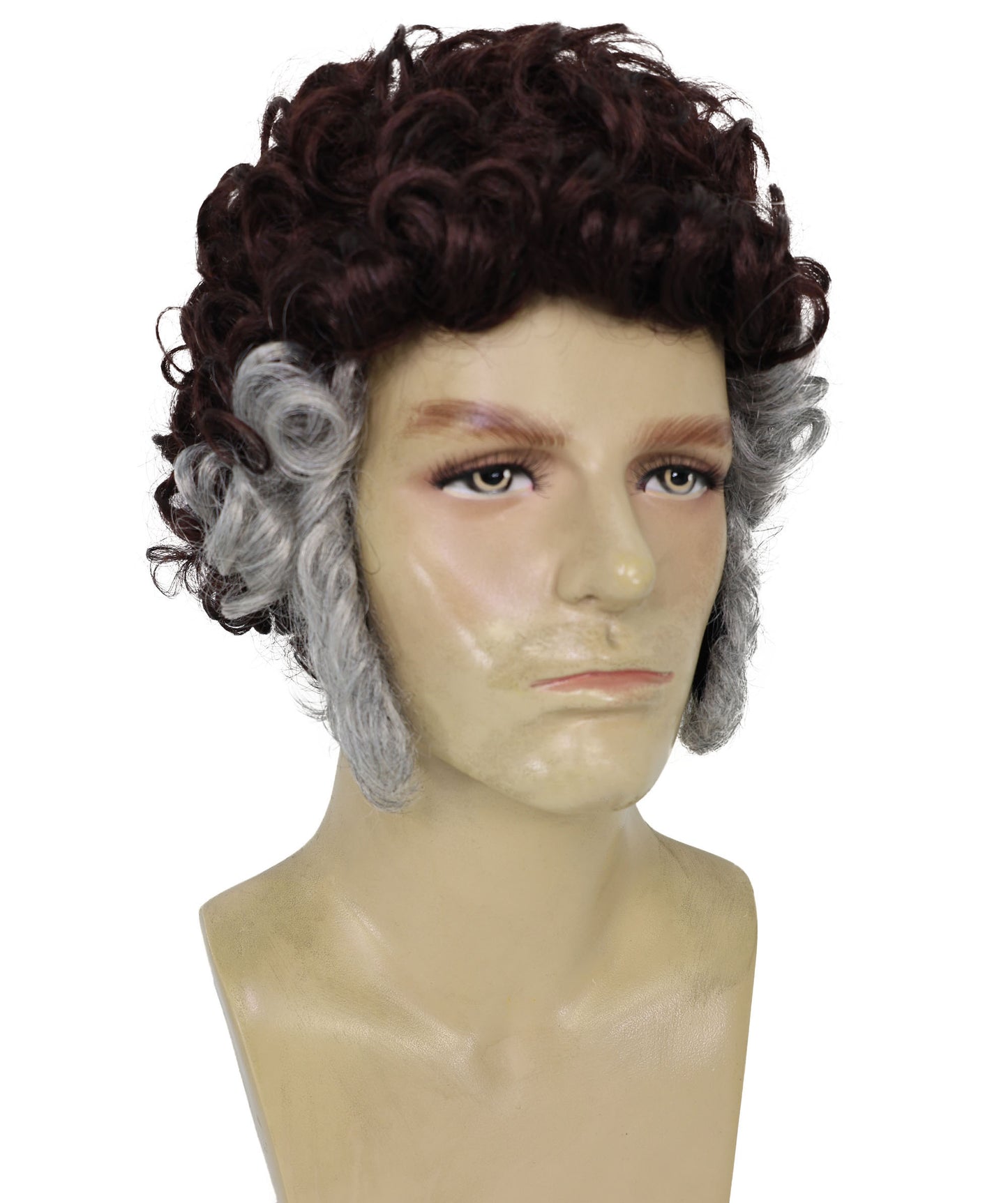 HPO Men’s Brown Curly Retro Wig Set with Grey Sideburns | Funny Pastor Cosplay Hair for Halloween, Cons & Comedy Dress-Up Parties | Capless Cap Design