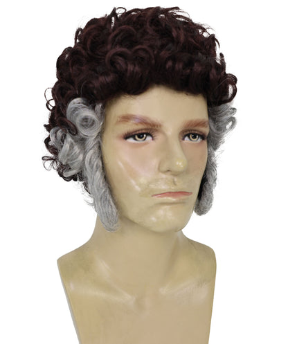 HPO Men’s Brown Curly Retro Wig Set with Grey Sideburns | Funny Pastor Cosplay Hair for Halloween, Cons & Comedy Dress-Up Parties | Capless Cap Design