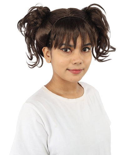 HPO Adult Women’s Messy Twin Bun Wig with Graphic Bangs | Multiple Color Options | Edgy Wig for Cosplay, Fashion Events, Halloween & Stage Wear | Adjustable Cap, Lightweight Synthetic Fiber