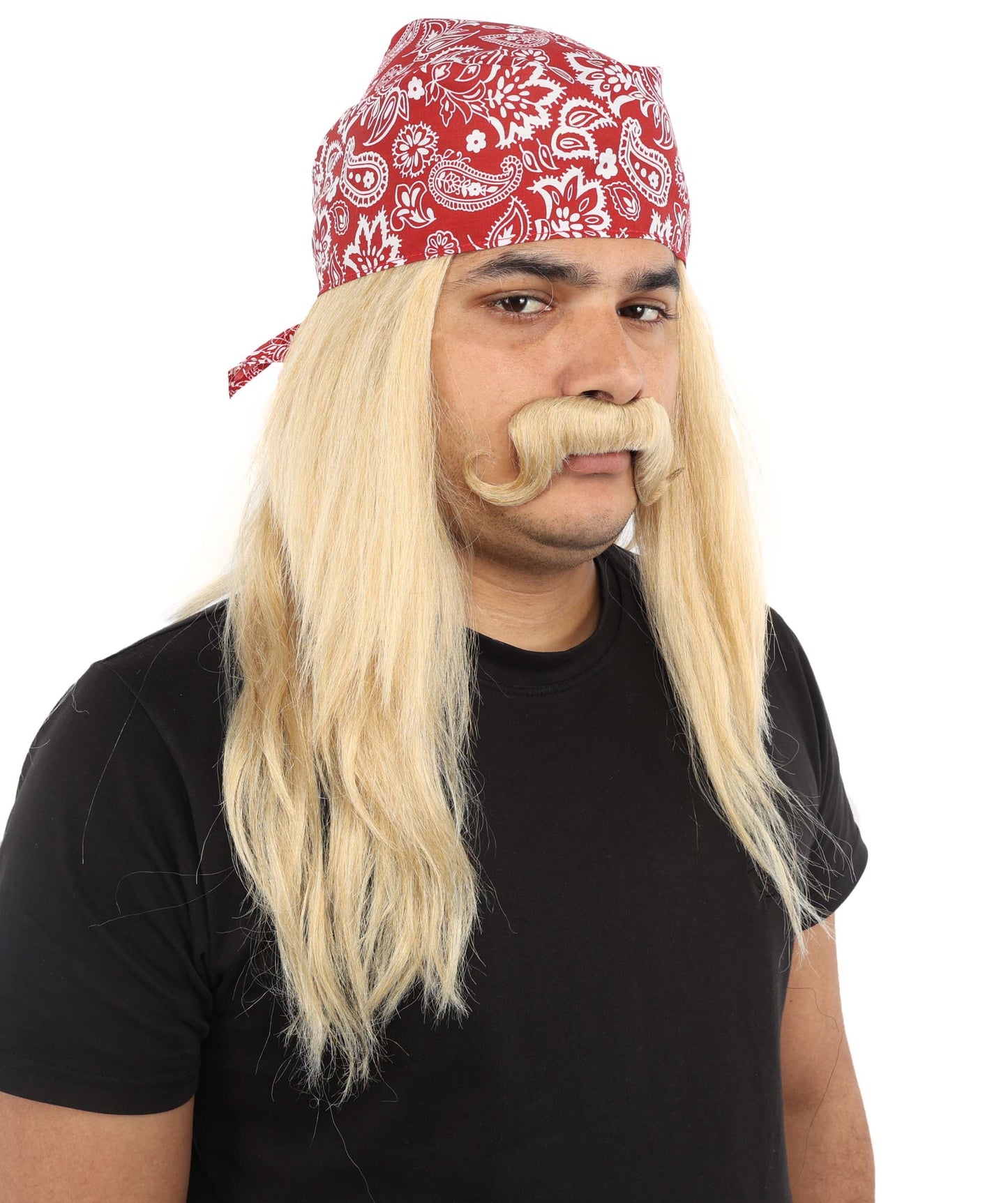 HPO Men’s Long Mullet Style Wig with Moustache and Red Hat | Extended Back Hair with Facial Set | Party Styling for Theme Events, Cosplay & Stage Roles