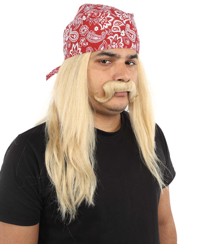 HPO Men’s Long Mullet Style Wig with Moustache and Red Hat | Extended Back Hair with Facial Set | Party Styling for Theme Events, Cosplay & Stage Roles