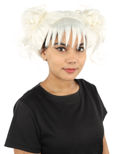 HPO Adult Women’s Messy Twin Bun Wig with Graphic Bangs | Multiple Color Options | Edgy Wig for Cosplay, Fashion Events, Halloween & Stage Wear | Adjustable Cap, Lightweight Synthetic Fiber