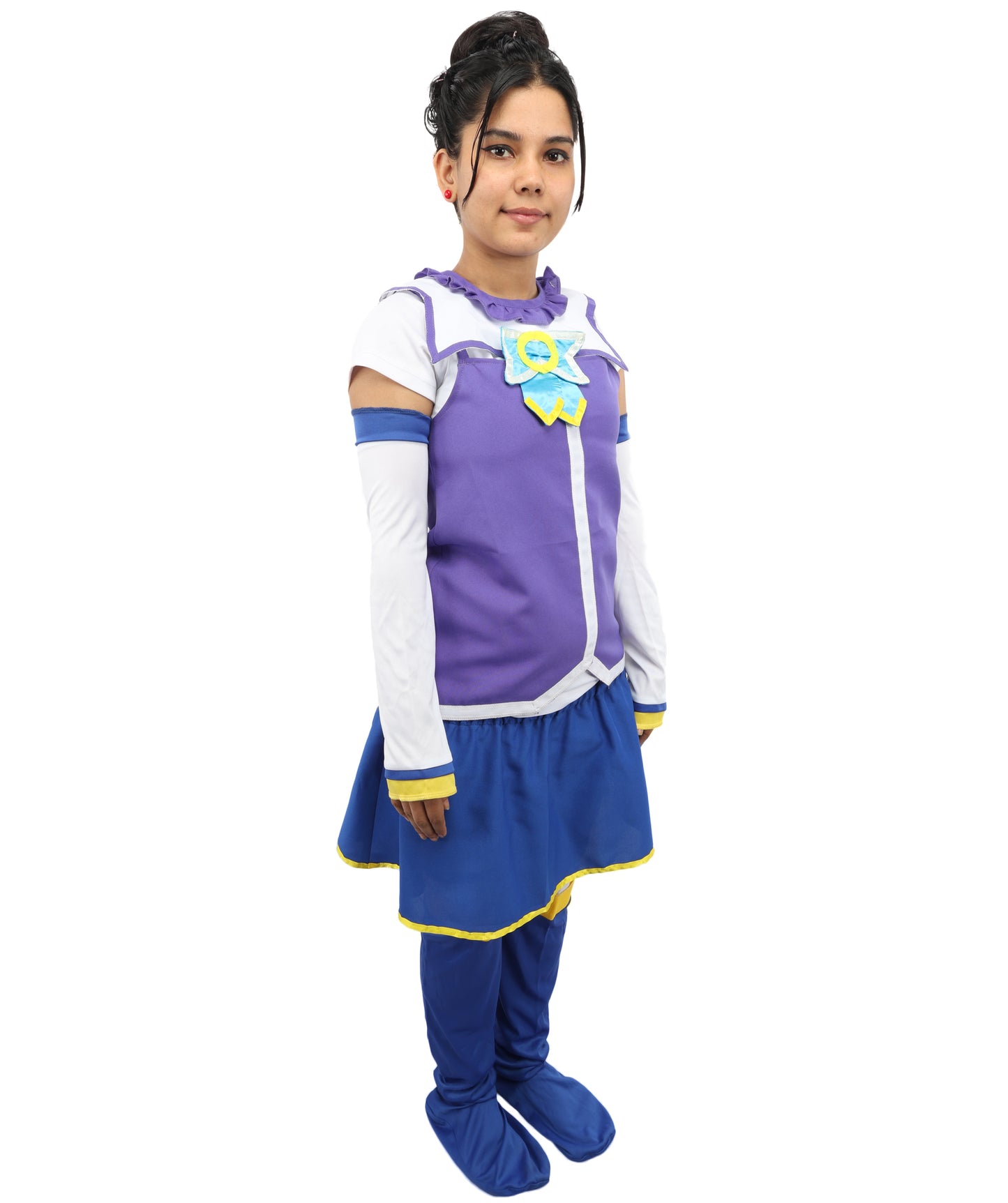 HPO Japanese Anime Fantasy Outfit | Vibrant Purple and Blue Ronior Jersey with Dress, Leg Socks, Bow, and Hand Gloves | Ideal for Cosplay, Halloween, and Performance