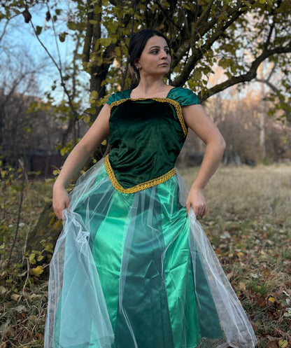 Women’s Animated Movie Ann Sister Green and Blue Gown Costume| Flame-retardant Synthetic Materials