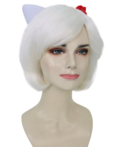 HPO Adult Women's Cute Kitty-Inspired White Wig with Bow Ribbon | Soft Synthetic Cosplay Hair with Attached Ribbon for Dress Up & Parties