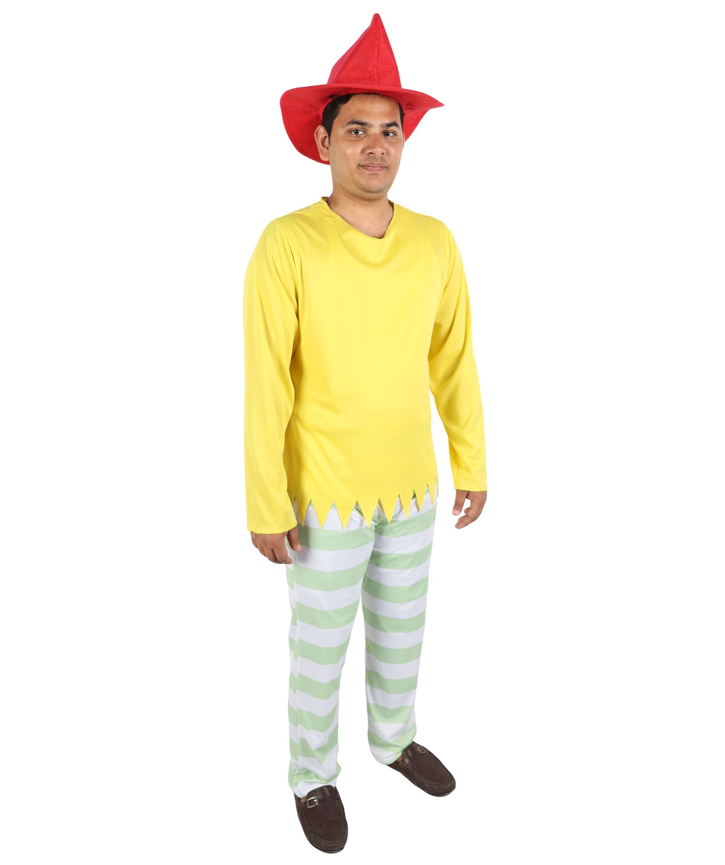 Whimsical Multicolor Character Costume | Men’s Striped Top, Hat & Pants Set | Playful Outfit for Halloween, Cosplay, Parties & Roleplay