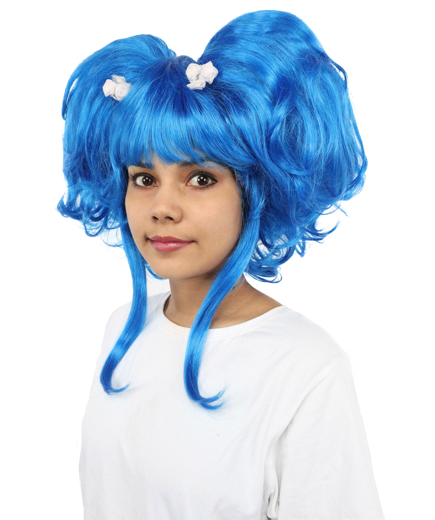 HPO Women’s Blue Heart-Shaped Fantasy Wig with Flower Clips | Voluminous Straight Synthetic Hair | Ideal for Halloween, Cosplay, and Themed Parties