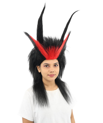 Adult Women’s Black Spiked Horn Wig | Fantasy Hair with Red Accents | Ideal for Gothic Cosplay and Halloween Events